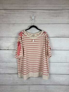Cato Plus Size Cream & Pink Striped Lace Up Bow Sleeve Blouse Size 22/24W